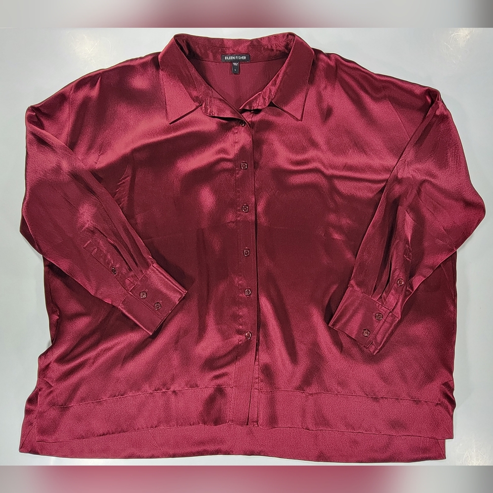 Eileen Fisher Shirt Womens Large Burgundy Silk Button Front Blouse Oversized